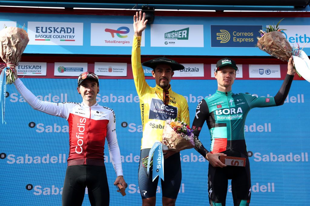 ARRATE SPAIN APRIL 09 LR Ion Izagirre Insausti of Spain and Team Cofidis on second place race winner Daniel Felipe Martinez Poveda of Colombia and Team INEOS Grenadiers Yellow Leader Jersey and Aleksander Vlasov of Russia and Team Bora Hansgrohe on third place pose on the podium ceremony after the 61st Itzulia Basque Country 2022 Stage 6 a 1357km stage from Eibar to Arrate itzulia WorldTour on April 09 2022 in Arrate Spain Photo by Gonzalo Arroyo MorenoGetty Images