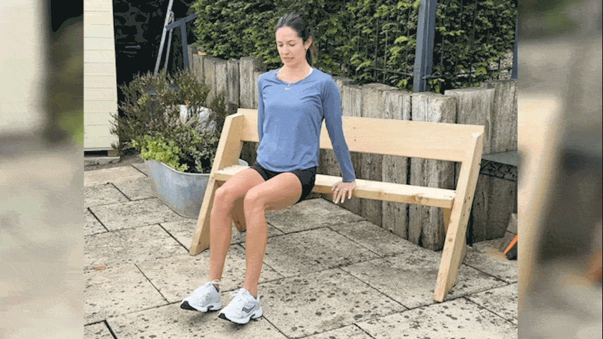 a video of writer Lucy Gornall doing tricep dips on a park bench