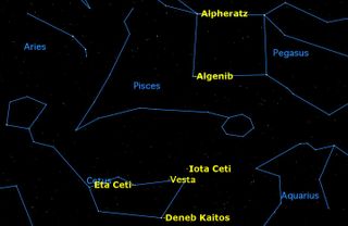 A wide-angle view of the autumn constellations, showing the position of the asteroid Vesta in the constellation Cetus.