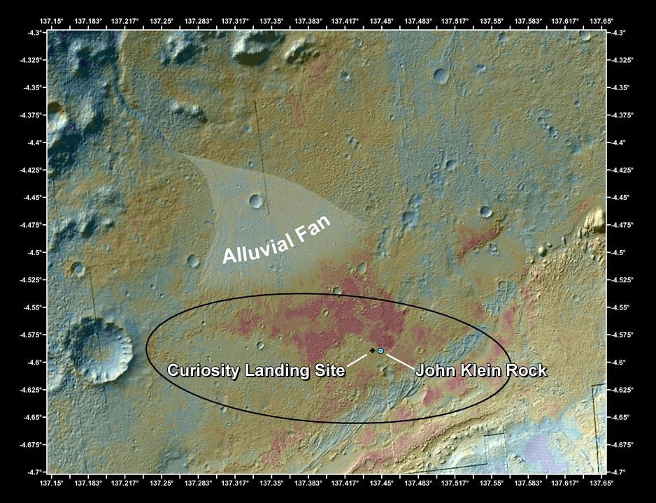 This false-color map shows the area within Gale Crater on Mars, where NASA's Curiosity rover landed on Aug. 5, 2012 PDT (Aug. 6, 2012 EDT) and the location where Curiosity collected its first drilled sample at the "John Klein" rock. Image released March 12, 2013.