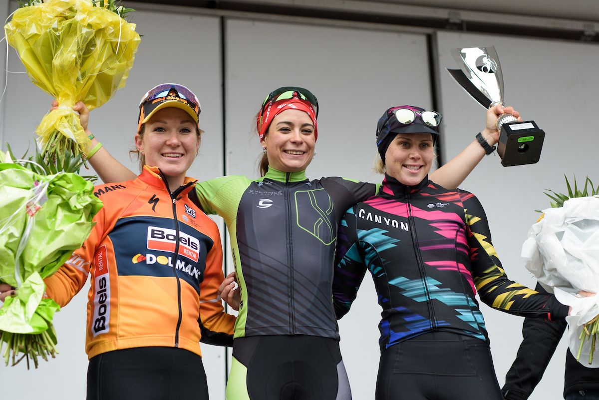 Amy Pieters, Sheyla Gutierrez and Tiffany Cromwell on Le Samyn podium