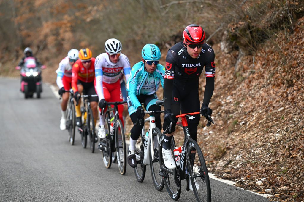 GIULIANOVA ITALY MARCH 07 Alexander Kamp of Denmark and Team Tudor Pro Cycling competes in the breakaway during the the 59th TirrenoAdriatico 2024 Stage 4 a 207km stage from Arrone to Giulianova UCIWT on March 07 2024 in Giulianova Italy Photo by Tim de WaeleGetty Images
