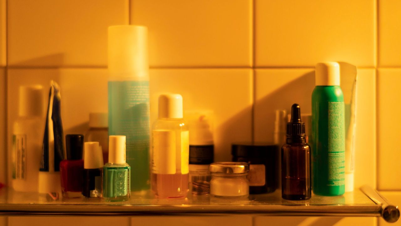 Bathroom shelf filled with the most effective beauty products