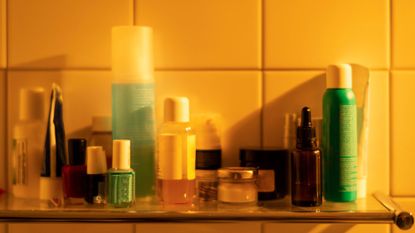 Bathroom shelf filled with the most effective beauty products