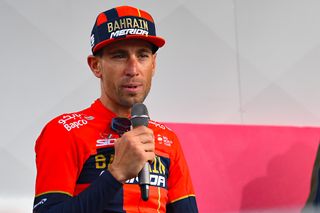 Vincenzo Nibali addresses the crowd after stage 15 at the Giro