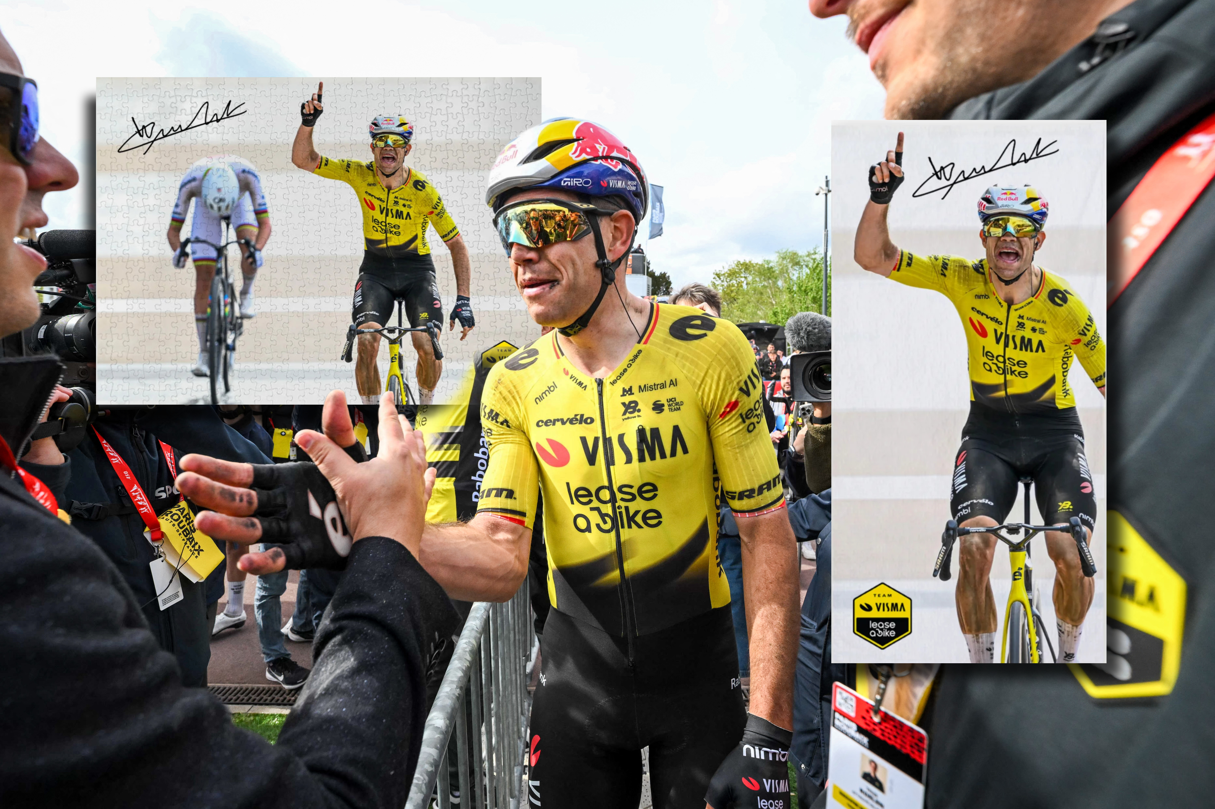 Wout van Aert high-fiving his team-mates at Paris-Roubaix