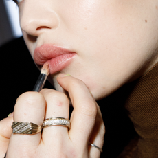 Liv Walters, make up detail, is seen during the make up backstage at the Max Mara fashion show during the Milan Fashion Week Womenswear Fall/Winter 2023/2024 on February 23, 2023 in Milan, Italy.