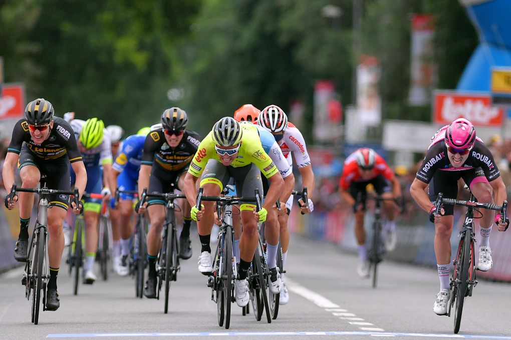 Sprinters bear down on the line during stage 5 at the Belgium Tour