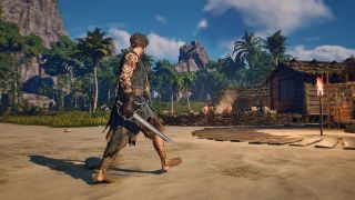 Windrose early access release trailer shows a pirate wielding a sword, walking along a beach.