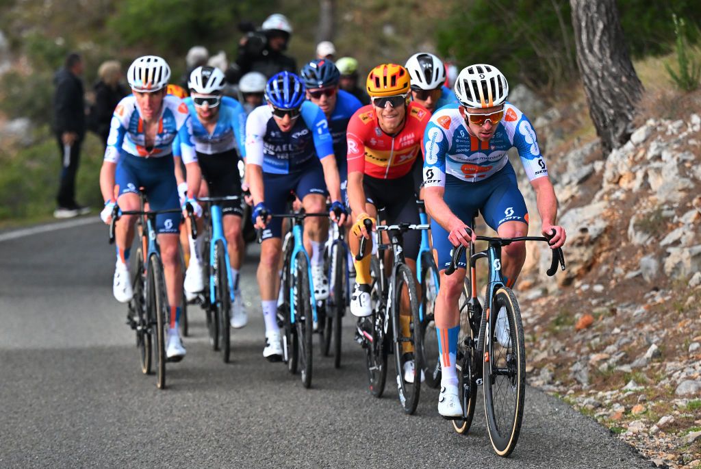MONT-FARON, FRANCE - FEBRUARY 16: Kevin Vermaerke of The United States and Team DSM-Firmenich PostNL competes during the 1st Classic Var 2024 a 184.3km one day race from Saint-Raphael to Mont Faron 499m on February 16, 2024 in Mont Faron, France. (Photo by Billy Ceusters/Getty Images)