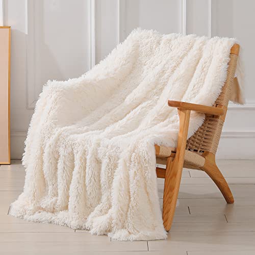 Tuddrom Decorative Extra Soft Fuzzy Faux Fur Throw Blanket 50" X 60",solid Reversible Long Hair Shaggy Blanket,fluffy Cozy Plush Comfy Microfiber Fleece Blankets for Couch Sofa Bedroom,cream White