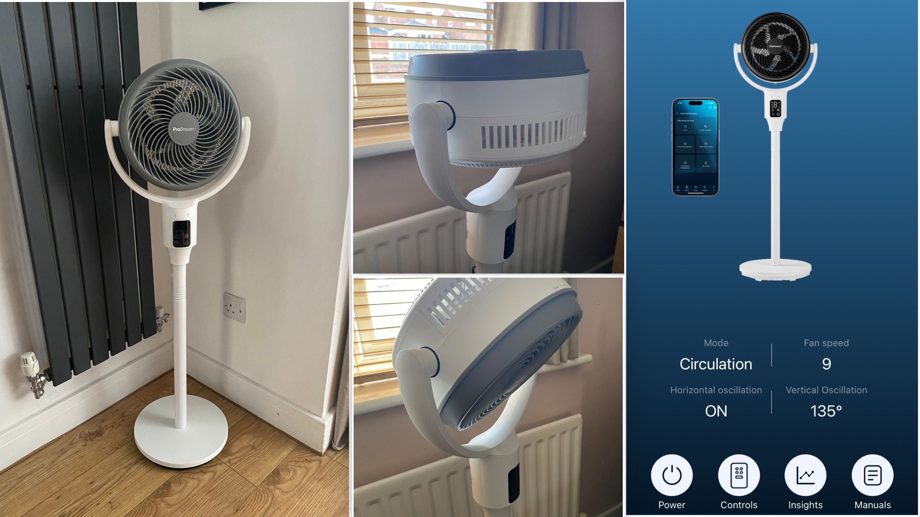 Collage image showing images from the testing process of the Pro Breeze Airflo 43'' Hybrid Pedestal Fan and the smart app controls