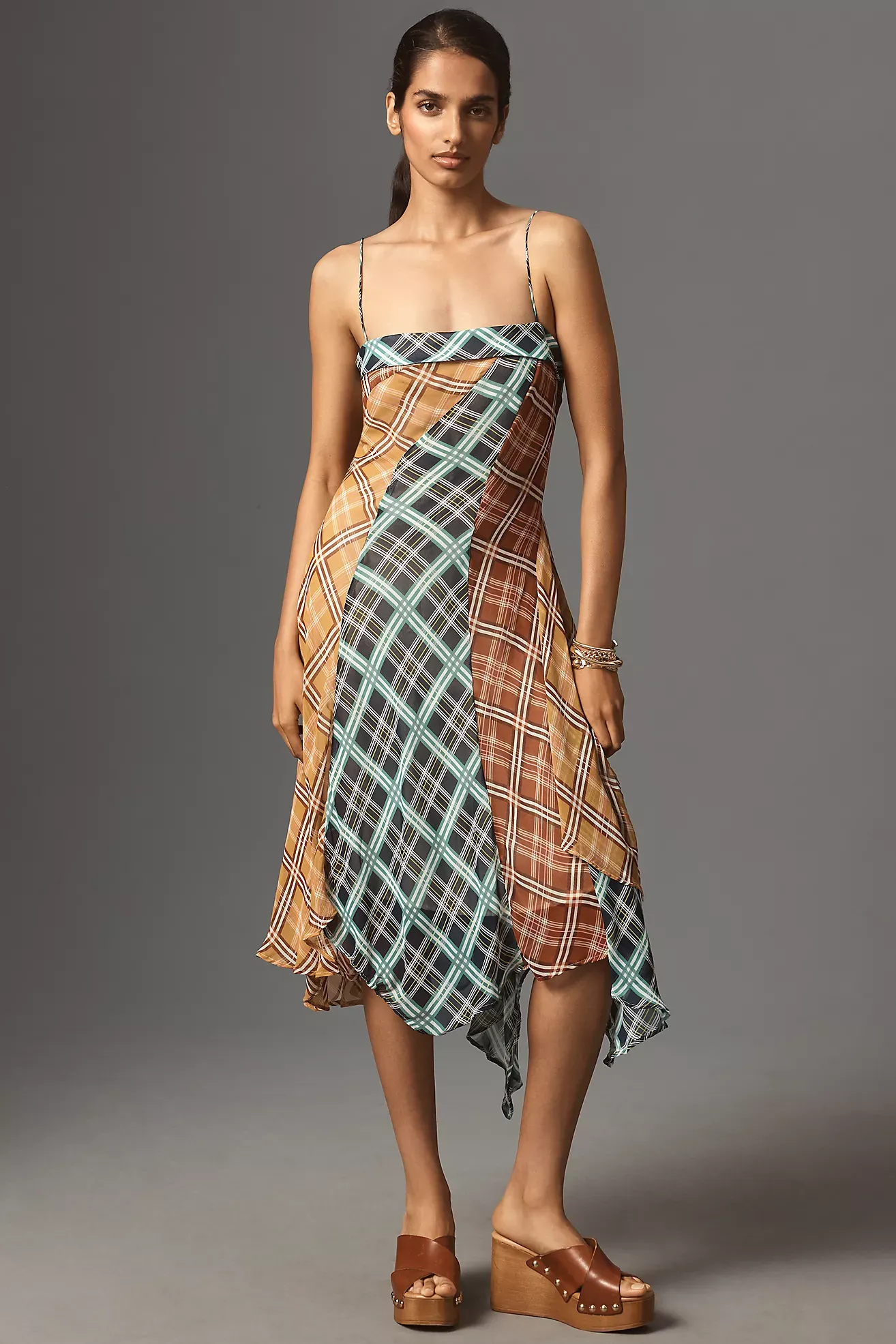 Maeve Sleeveless Asymmetric Plaid Mix Midi Dress