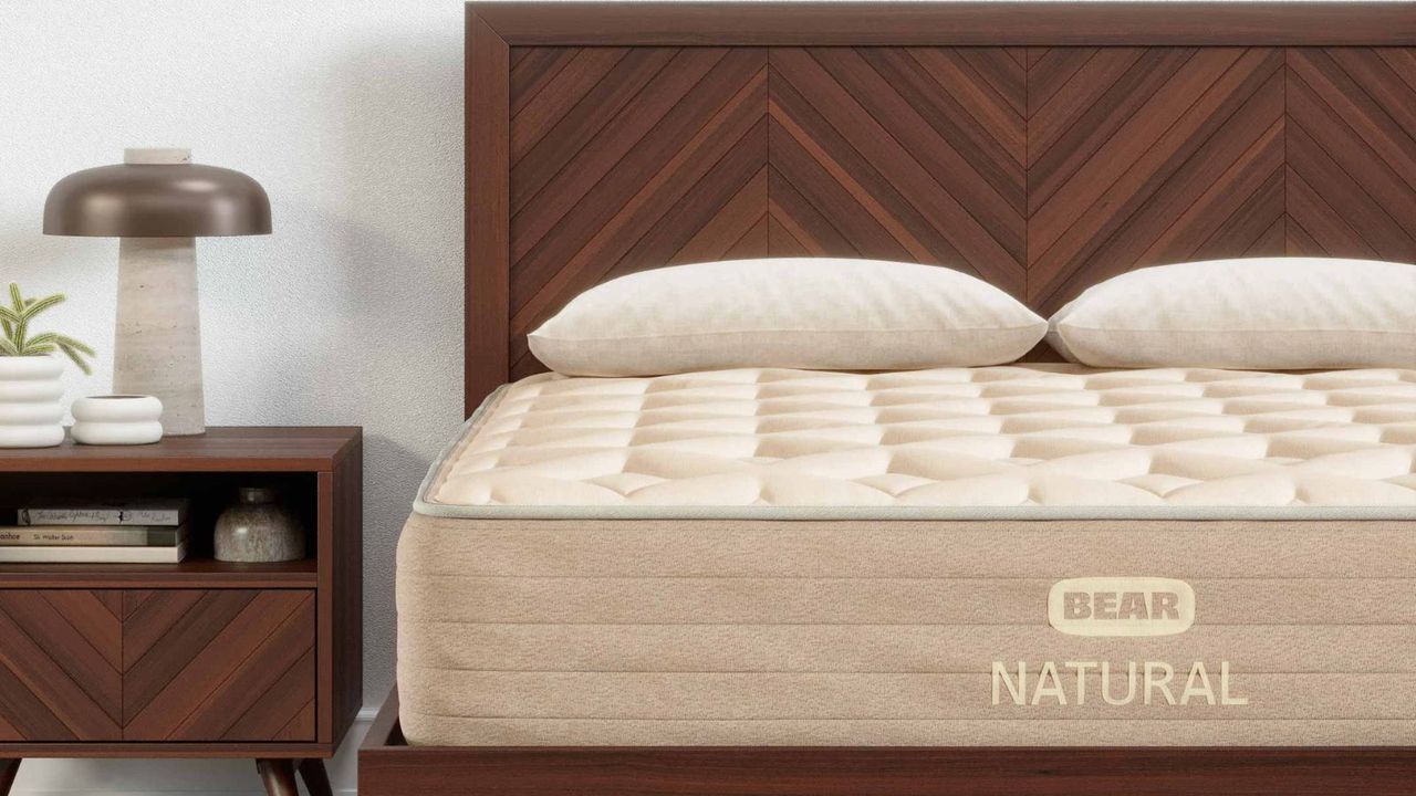 Bear Natural Mattress on a bed beside a nightstand against a white wall.