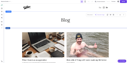 screenshot of Hostinger website builder being used to create a personal website