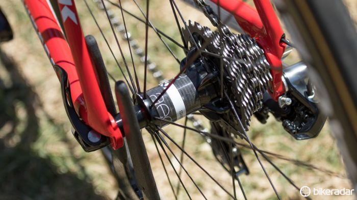 The Bontrager Aeolus 5 DR3 tubular wheels feature carbon-shelled hubs. The rear hub uses DT Swiss internals