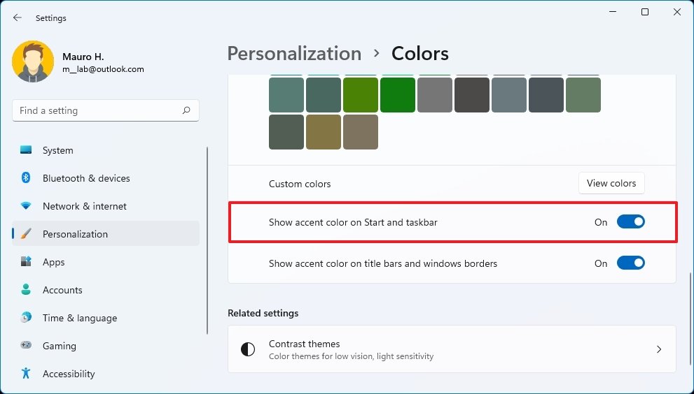 Show accent color on Start and taskbar