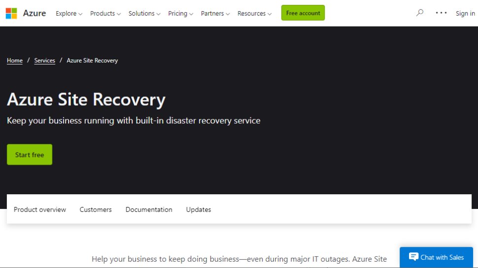 Website screenshot for Microsoft Azure Site Recovery