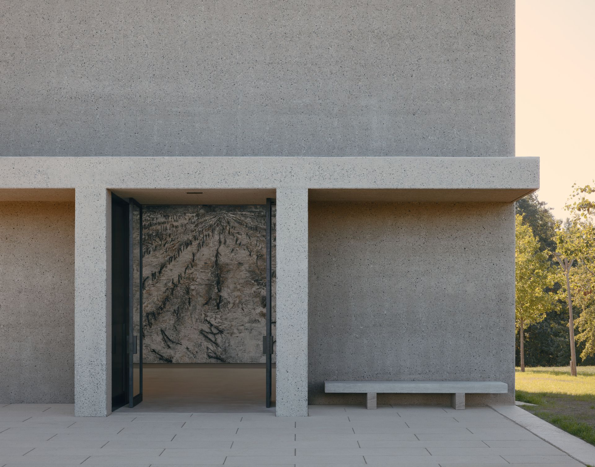 Anselm Kiefer Pavilion Entrance portico with Anselm Kiefer, Black Flakes, 2007, Oil, emulsion, shellac, soil, and twigs on canvas