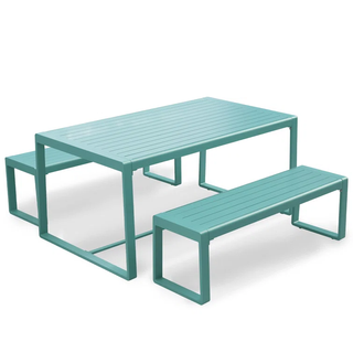 blue aluminum outdoor dining table with bench seating