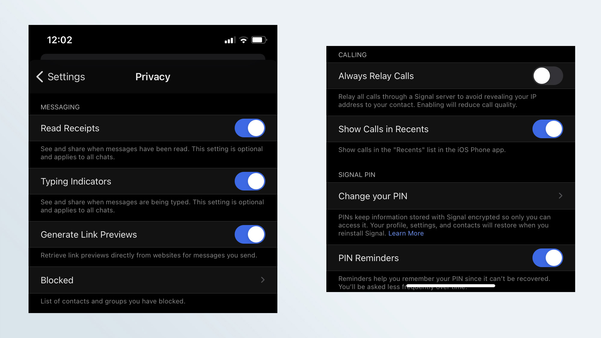 Неполный список настроек конфиденциальности в приложении Signal для iOS.
