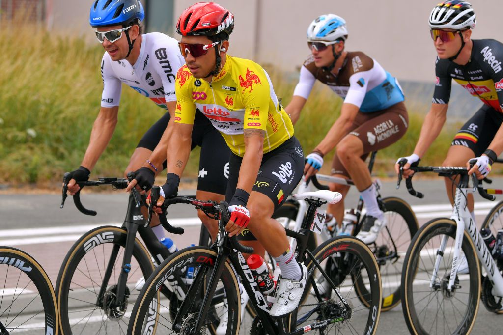 WAVRE BELGIUM AUGUST 17 Caleb Ewan of Australia and Team Lotto Soudal Yellow Leader Jersey Ryan Gibbons of South Africa and NTT Pro Cycling Team Lawrence Naesen of Belgium and Team Ag2R La Mondiale Tim Merlier of Belgium and Team AlpecinFenix during the 41st Tour de Wallonie 2020 Stage 2 a 1723km stage from Frasnes Lez Anvaing to Wavre TourdeWallonie TRW2020 on August 17 2020 in Wavre Belgium Photo by Luc ClaessenGetty Images