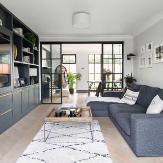 Dark blue sofa and fitted cupboards, pale rug, cushions and fabric throw, view through to the dining area with hanging chair and dining table, French doors to the patio