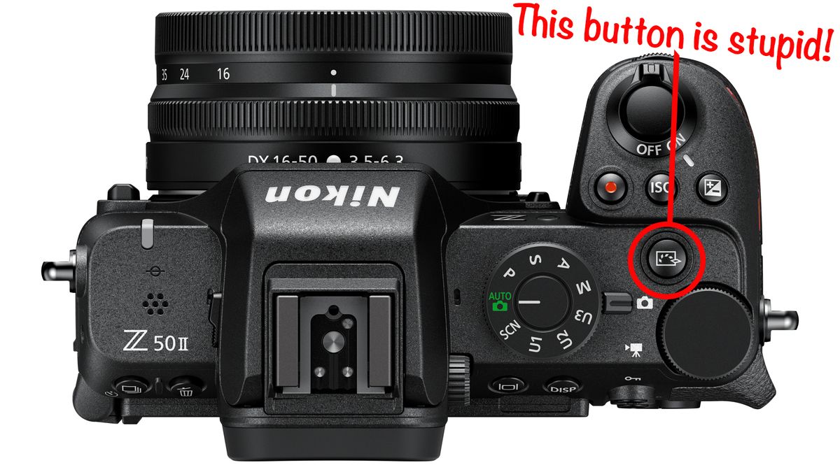 Nikon Z50 II with Picture Control button circled with &quot;This button is stupid!&quot; text