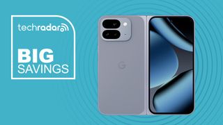 Google Pixel 10 Pro fold on blue background with big savings text overlay