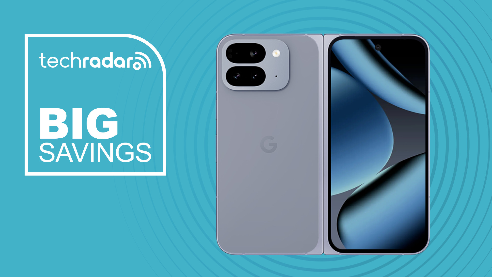 Google Pixel 10 Pro fold on blue background with big savings text overlay