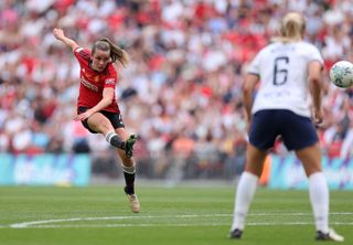 Ella Toone of Manchester United scores her team's first goal during the Adobe Women's FA Cup Final match between Manchester United and Tottenham Hotspur at Wembley Stadium on May 12, 2024 in London, England. (Photo by Julian Finney/Getty Images)