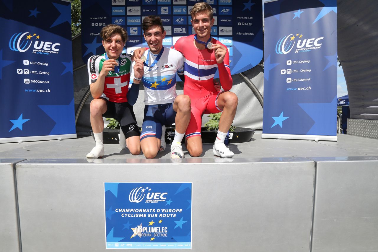 The final podium of Brunel, Hirschi, and Knotten after the time trial