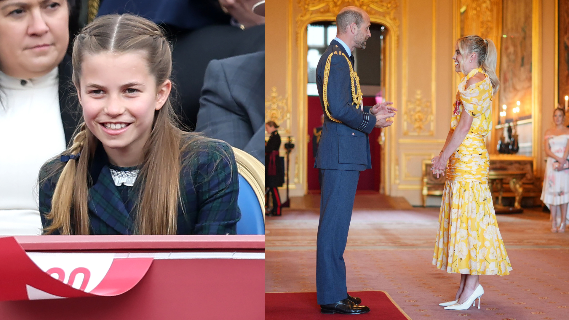 Princess Charlotte wearing braids and smiling next to a photo of Prince William and Keely Hodgkinson at her Member of the Order of the British Empire investiture