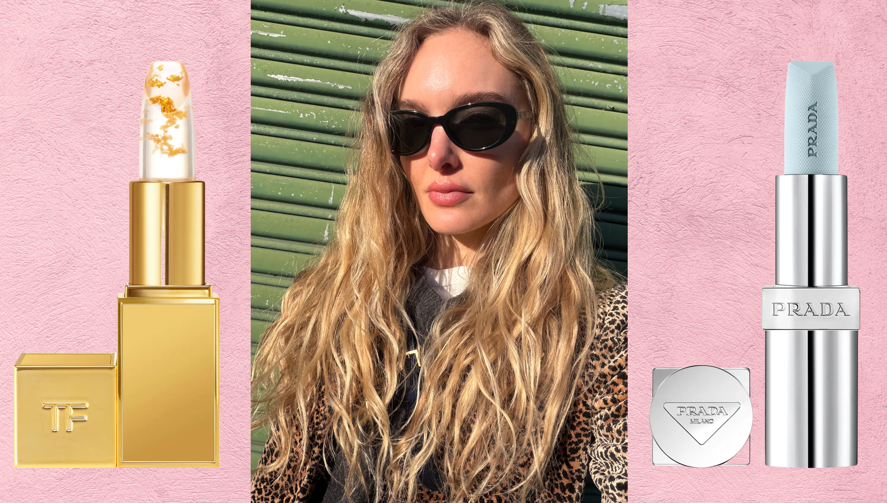 ph lip balms on a pink background next to a blonde woman wearing sunglasses