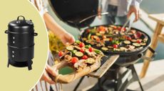 The Lidl GrillMeister on top of a picture of a woman holding grilled food from a BBQ