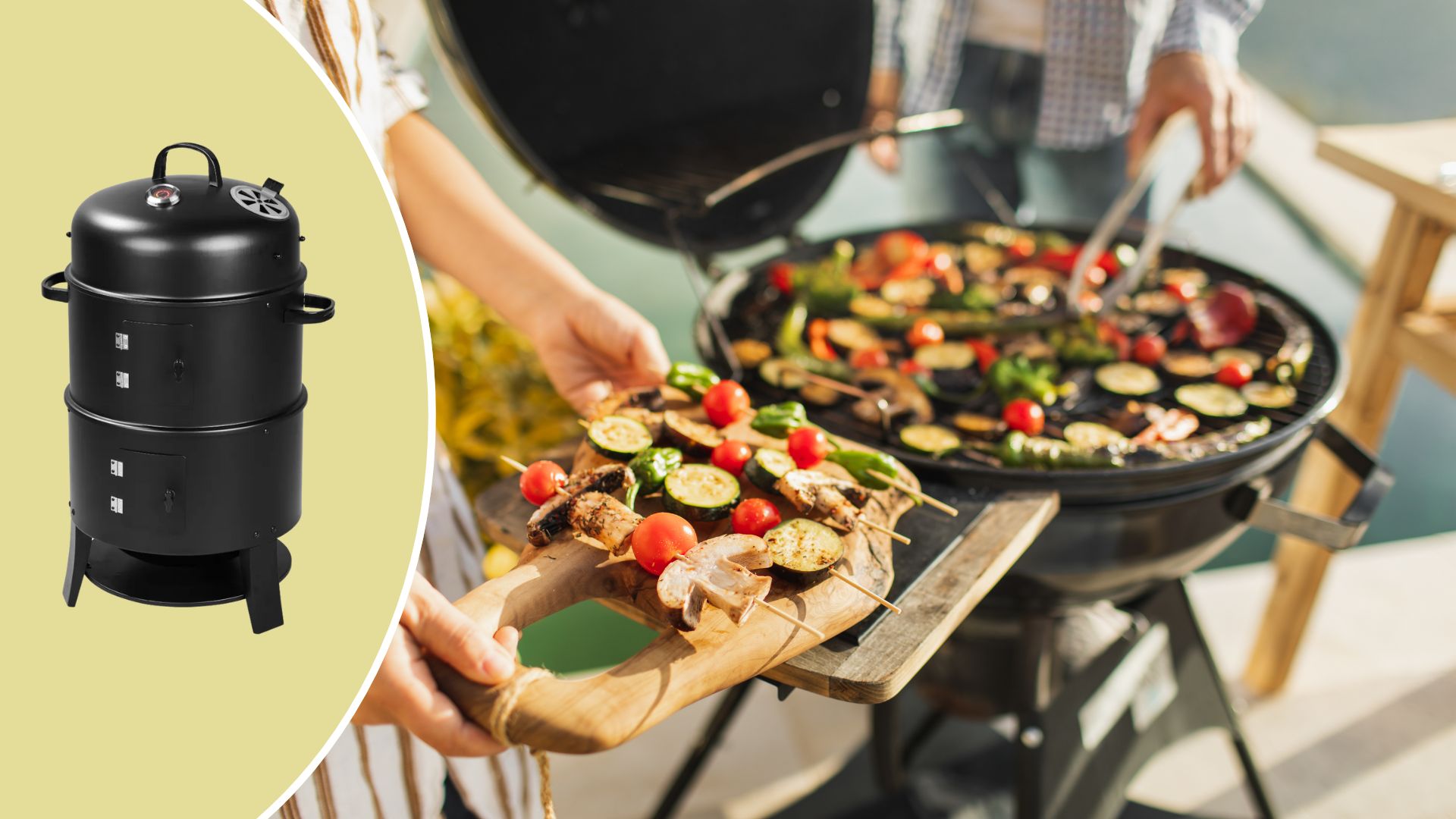 The Lidl GrillMeister on top of a picture of a woman holding grilled food from a BBQ