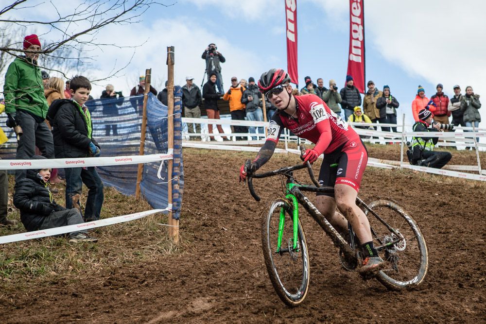 Emma White (Cannondale) slides down to the bottom of Heckle Hill