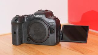 The Canon EOS R6 full-frame mirrorless camera. This shot shows the flip-out screen