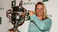 Annika Sorenstam holds the Player of the Year trophy