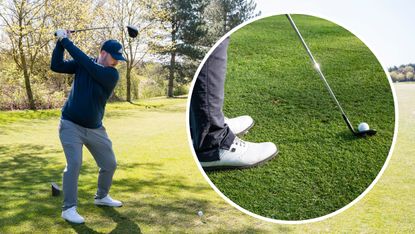 A golfer at the top of their backswing and an inset of a golfer addressing a chip shot