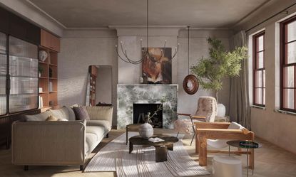 Atmospheric lounge with gray plaster walls, wooden floors, accent iron lighting, coffee table with accent table decor, and couches giving mid-century feel