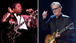 B.B. King [left] cups his hands to his ear as he asks the crowd for more. Joe Bonamassa, with a Les Paul, gives his crowd a thumbs up.
