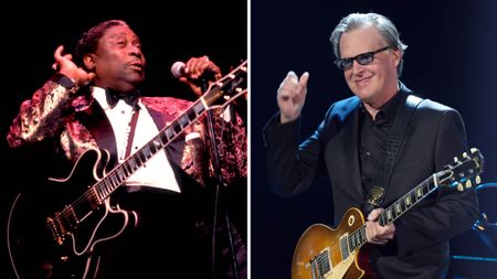 B.B. King [left] cups his hands to his ear as he asks the crowd for more. Joe Bonamassa, with a Les Paul, gives his crowd a thumbs up.