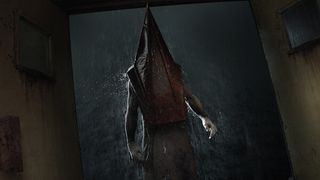 Pyramid Head stands in a doorway in Silent Hill 2.