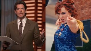 John Mulaney gesturing while speaking on John Mulaney Presents: Everybody's In L.A., pictured next to Chappell Roan pointing forward fiercely in the HOT TO GO! music video.