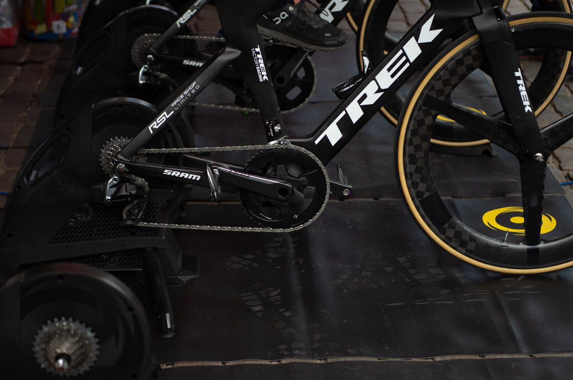 This Trek-Segafredo rider used a Pro Textreme front wheel with the branding covered to stop any sponsor conflict. A front derailleur also appears to have been replaced with a sturdy chain catcher and set up in a 1X setup