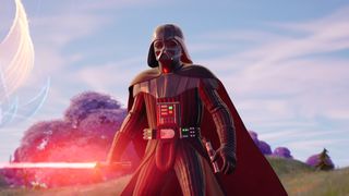Darth Vader rendered in the fortnite engine approaching the camera with lightsaber