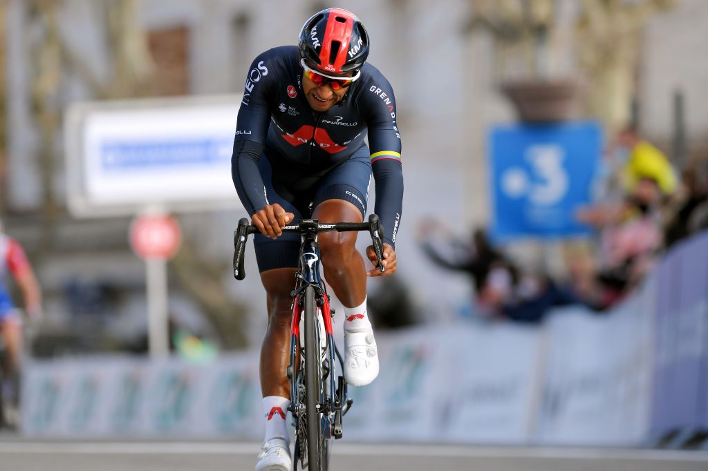 FAYENCE FRANCE FEBRUARY 20 Arrival Jhonnatan Narvaez Prado of Ecuador and Team INEOS Grenadiers during the 53rd Tour Des Alpes Maritimes Et Du Var Stage 2 a 1689km stage from Fayence to Fayence 357m letour0683 on February 20 2021 in Fayence France Photo by Luc ClaessenGetty Images