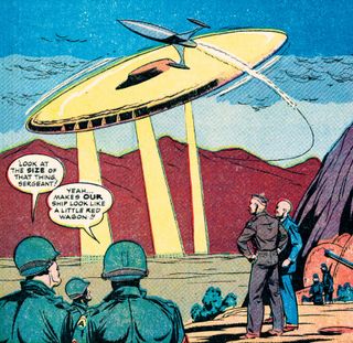 Soldiers witness a UFO in Space Western Comics.