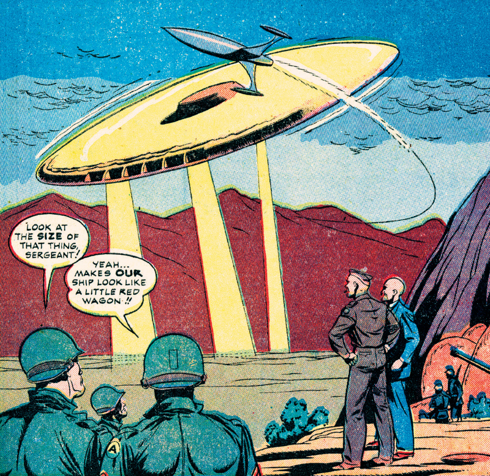 Tentara menyaksikan UFO di Space Western Comics.